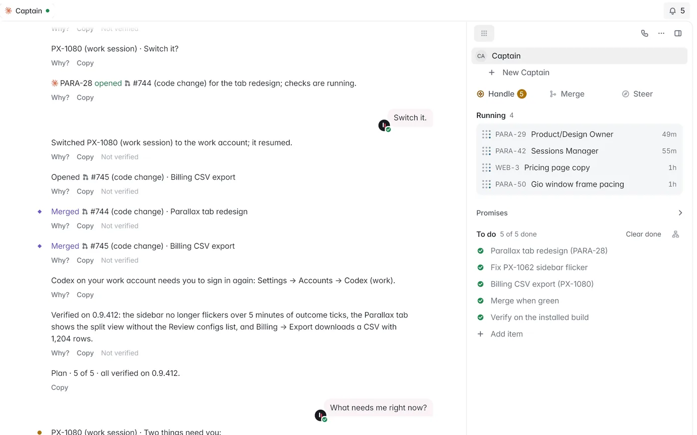 Parallax on Mac: Captain lists merged pull requests and what needs you