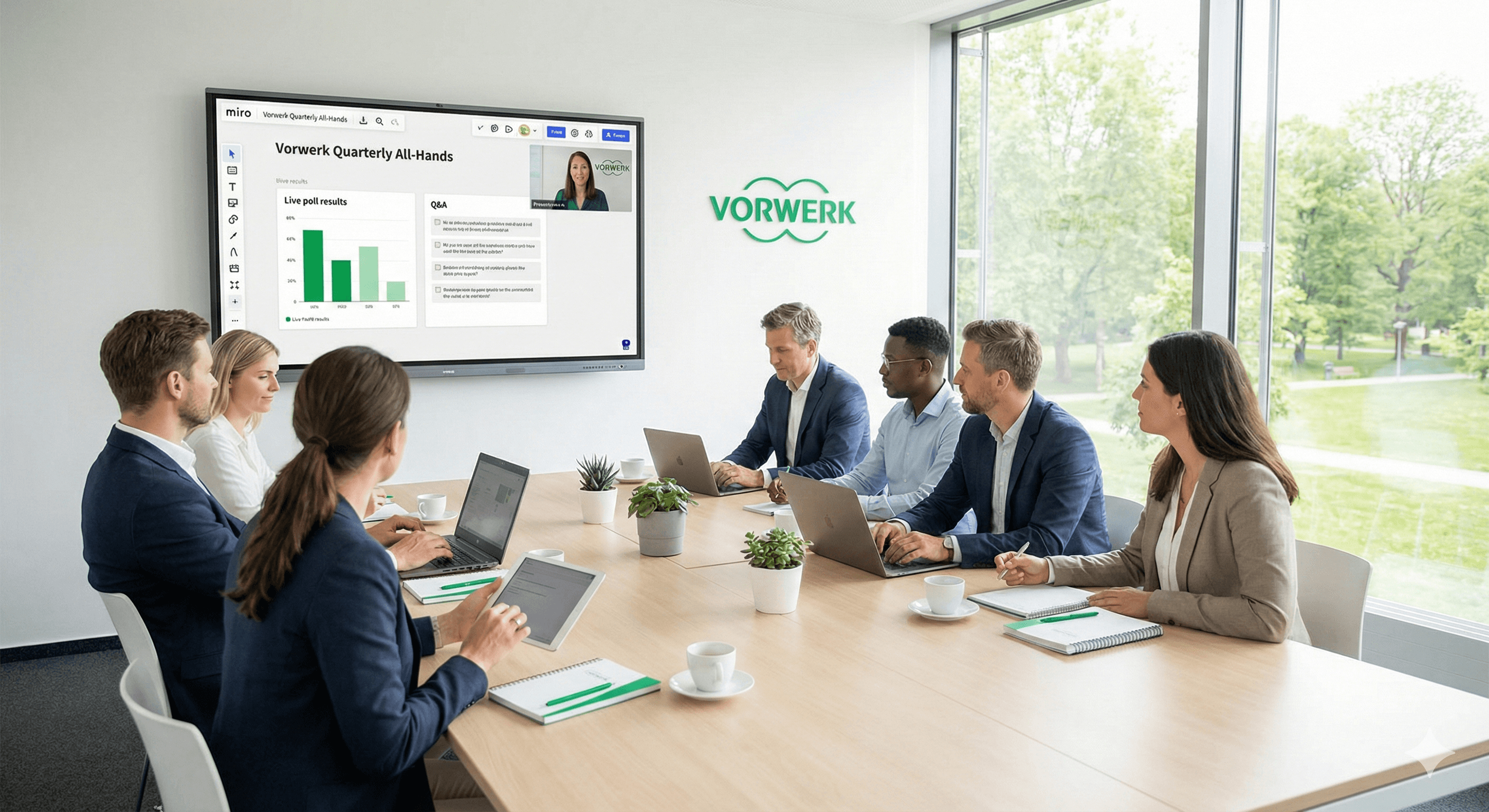 A group of professionals sits around a conference table, attentively watching a presentation on a wall-mounted screen displaying graphs and a speaker, in a modern, well-lit office setting with "Vorwerk" branding visible.