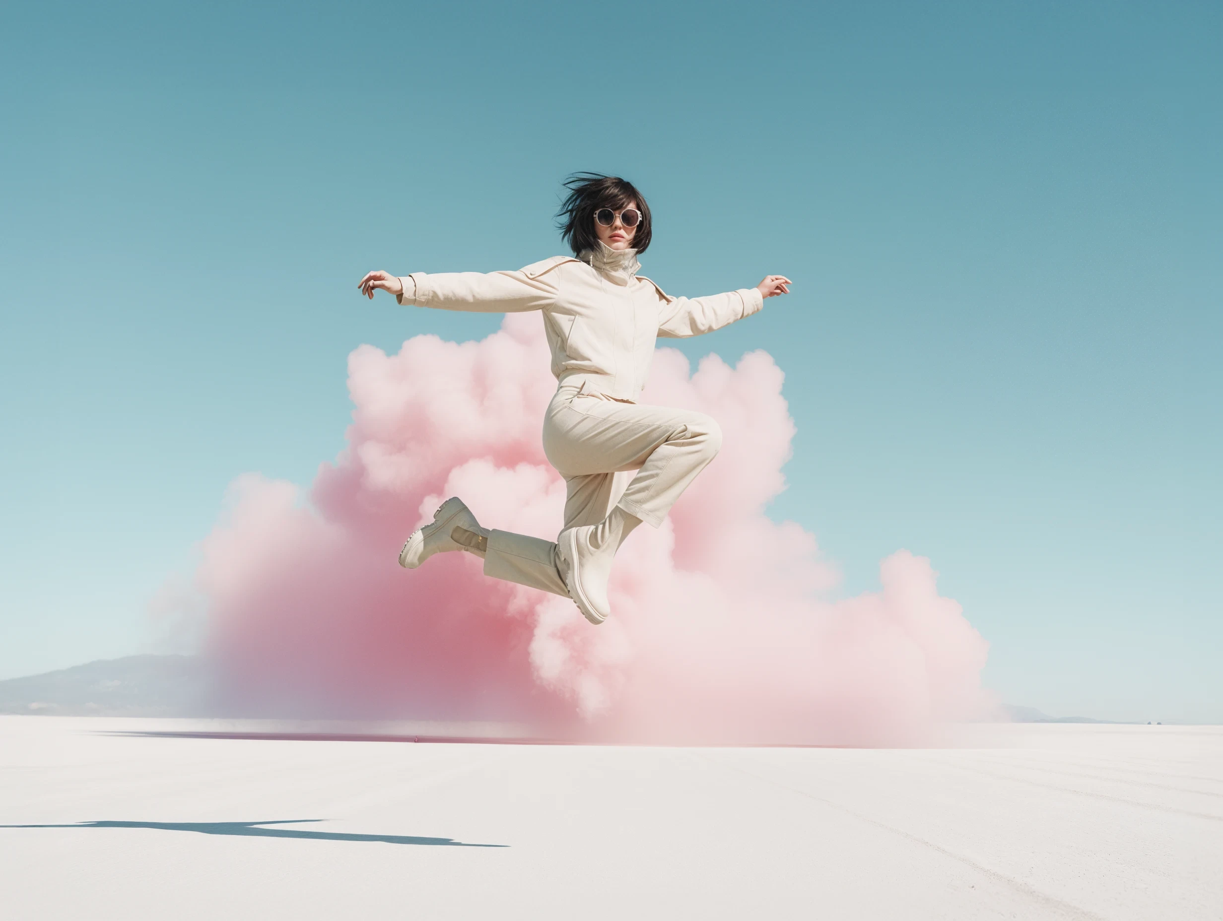 Woman jumping in the desert with pink smoke rising behind her
