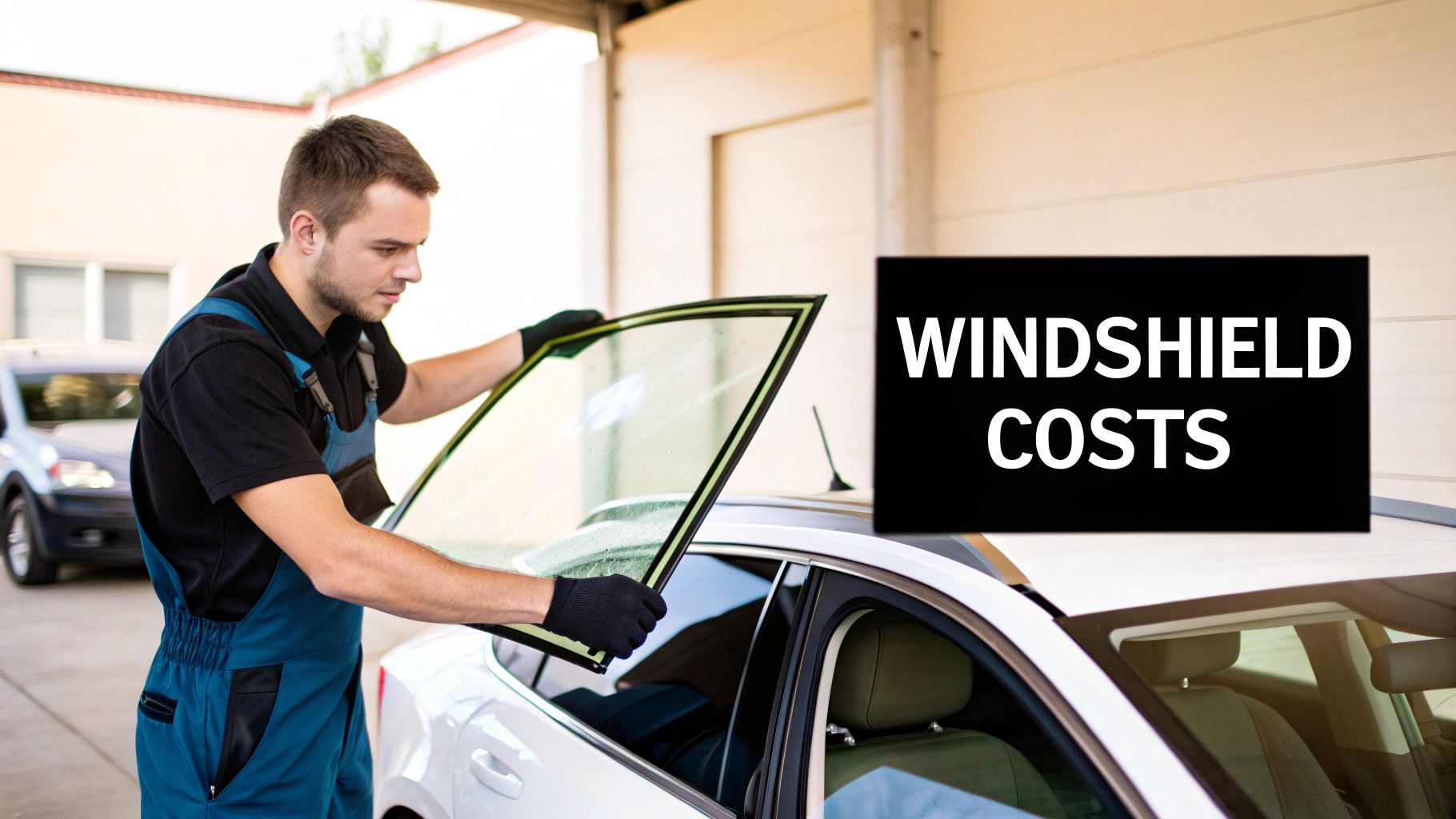 A technician carefully installing a new windshield on a modern car in a clean workshop.