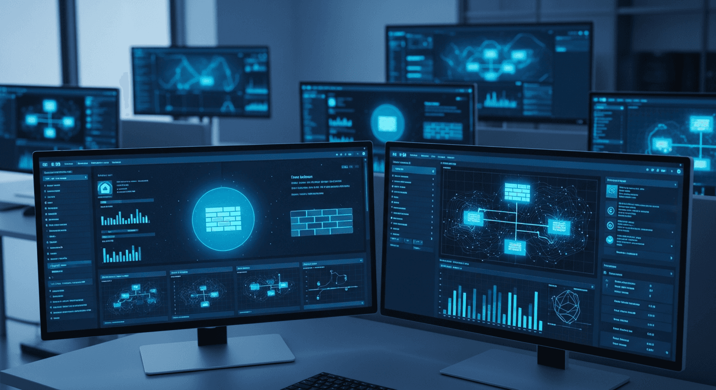 A modern cybersecurity operations center (SOC) workspace showing multiple computer monitors displaying network security dashboards, threat detection interfaces, and system monitoring tools. Dark blue and cyan color scheme with glowing data visualizations, firewall icons, and network topology diagrams on screens. Professional tech environment with a futuristic feel, clean and organized setup.