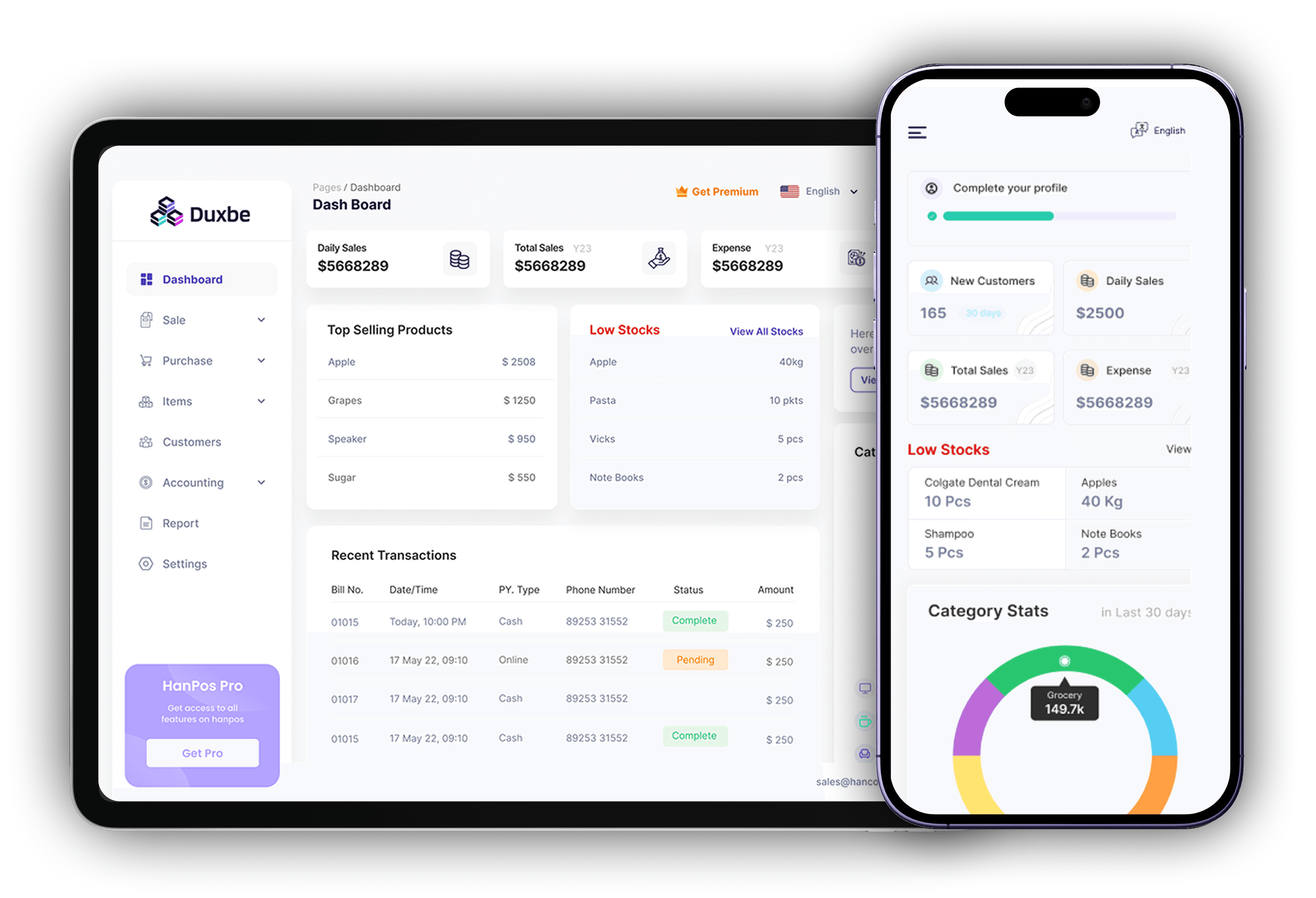 Business dashboard showing revenue, deals, customer list, growth chart, and new activity. 