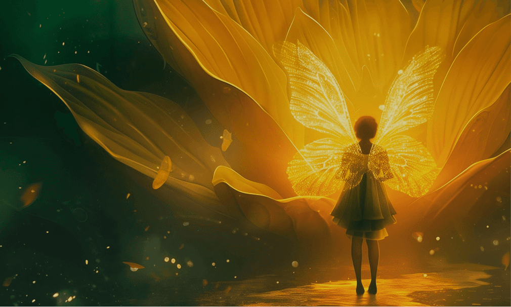 A child stands in front of a giant glowing flower with golden butterfly wings illuminated by warm light in a magical, dark forest. The butterfly represents transformation