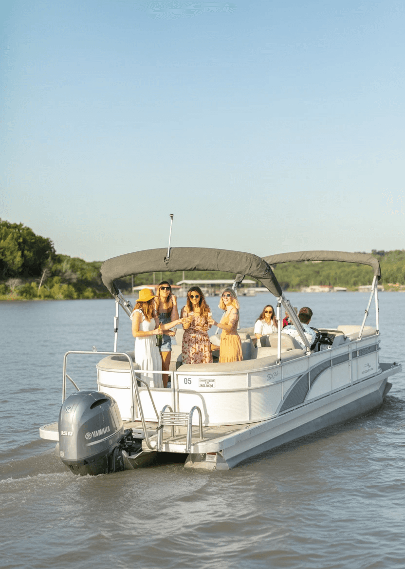Pontoon boat carrying a group of people leisurely cruises on a calm lake under a clear blue sky, with surrounding greenery enhancing the serene setting.