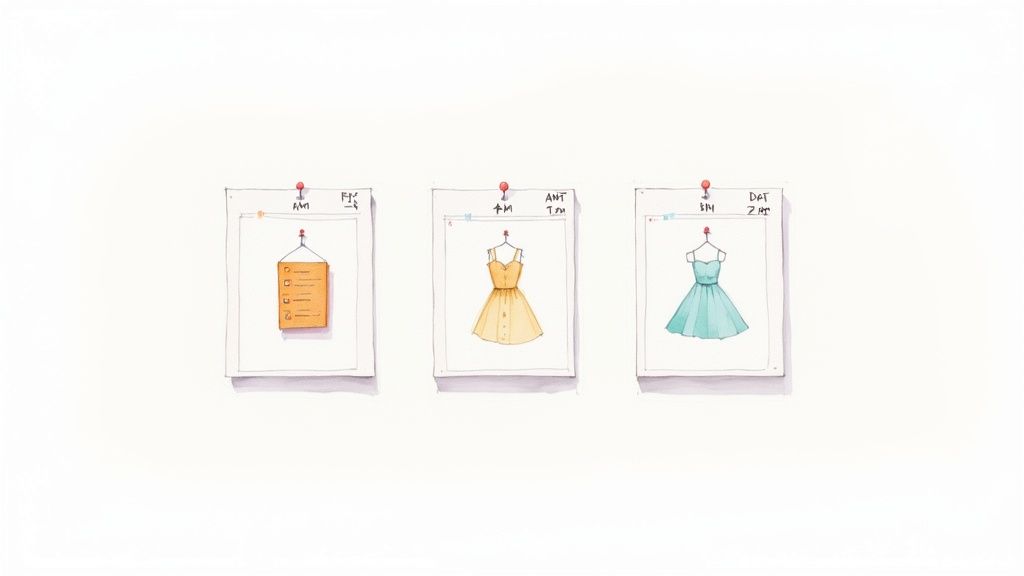 Three pinned notes on a white background, displaying a checklist, a yellow dress, and a blue dress.