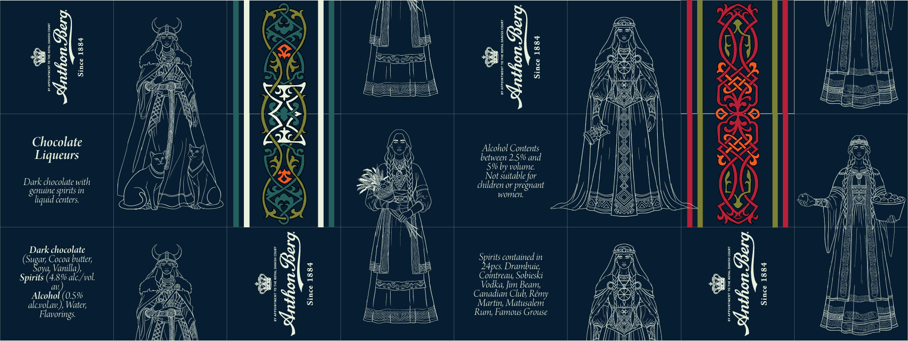 The full printed dieline, navy with Celtic knotwork