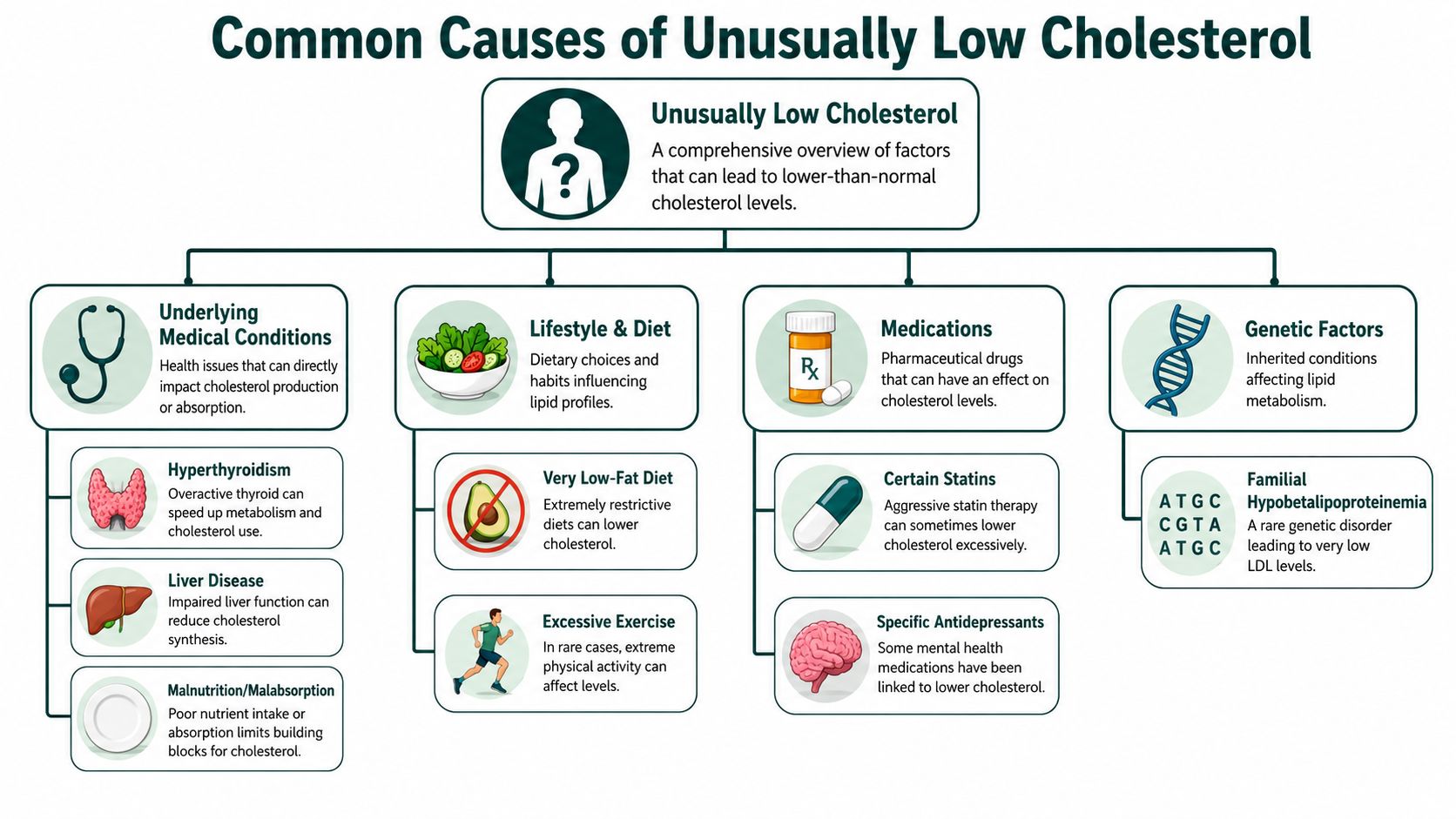 An infographic showing the common medical, lifestyle, medication, and genetic causes of unusually low cholesterol levels.