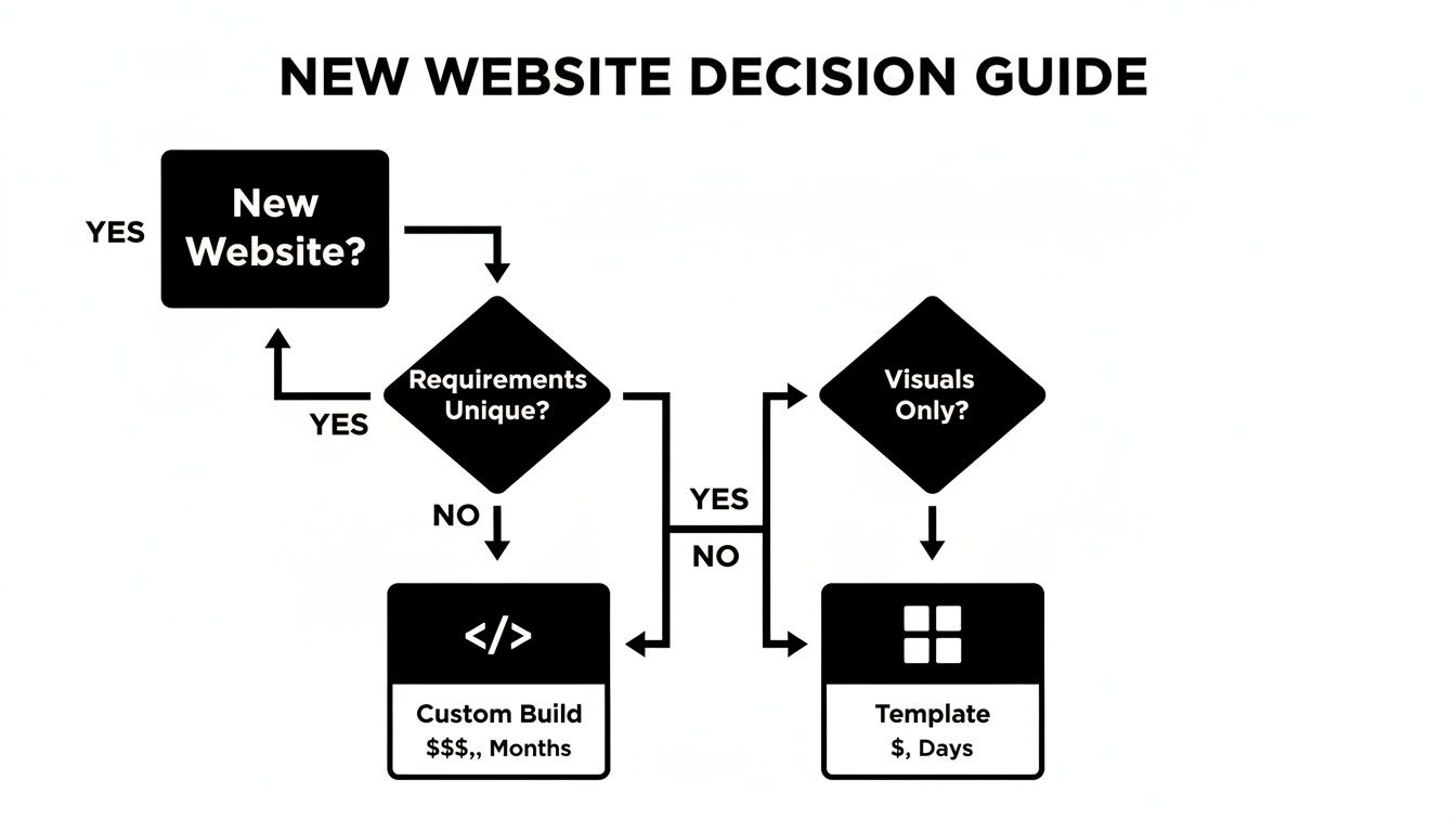 Flowchart outlining the decision process for a new website, considering custom build versus templates.