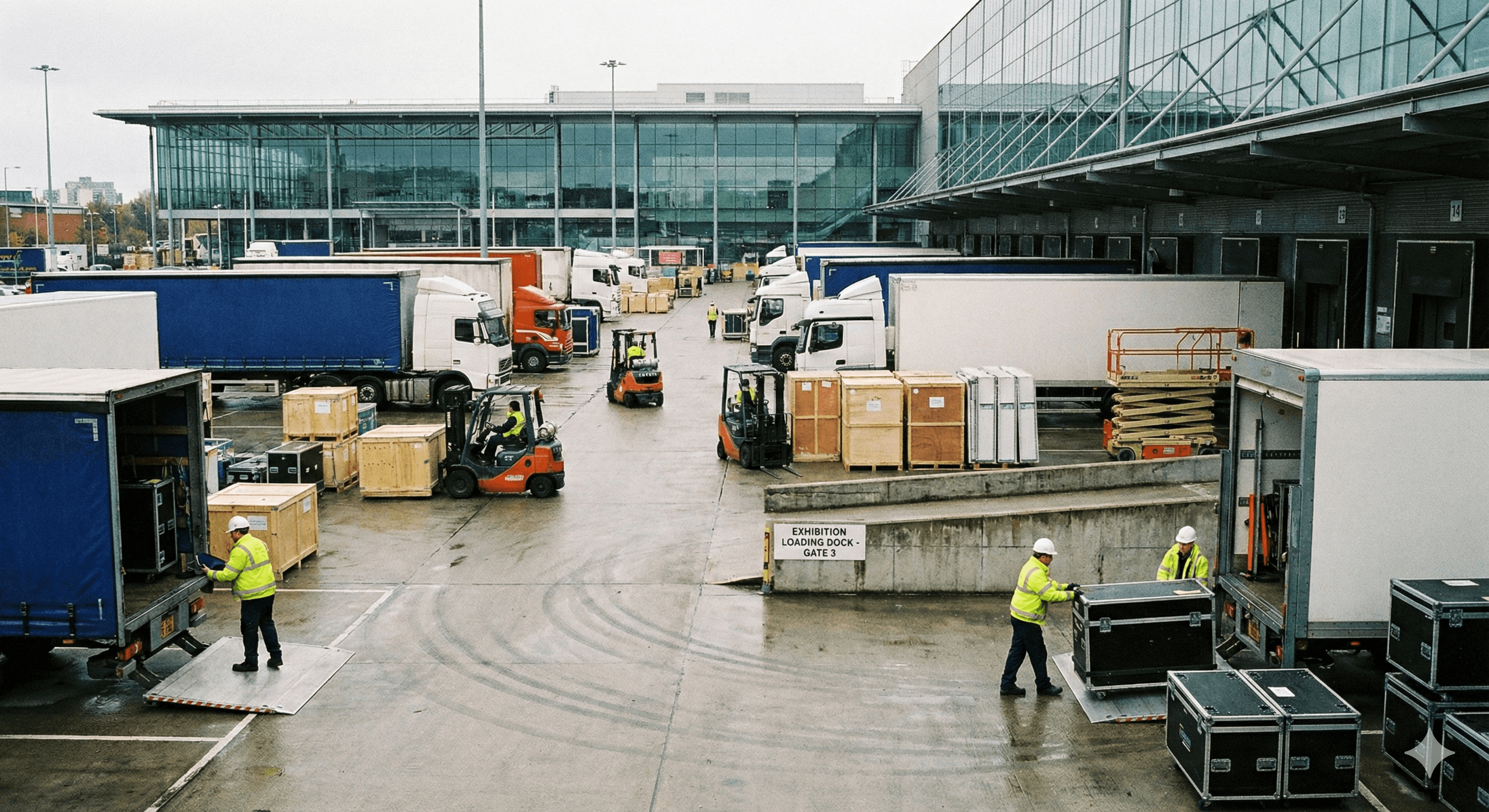 Forklift moving trade show crates at exhibition loading dock