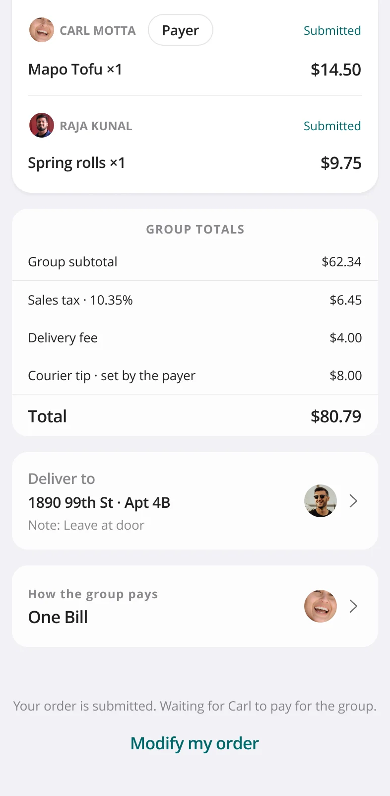 One bill, lower half of the guest cart: Carl is the payer, group totals come to $80.79, and the order waits for Carl to pay for the group.