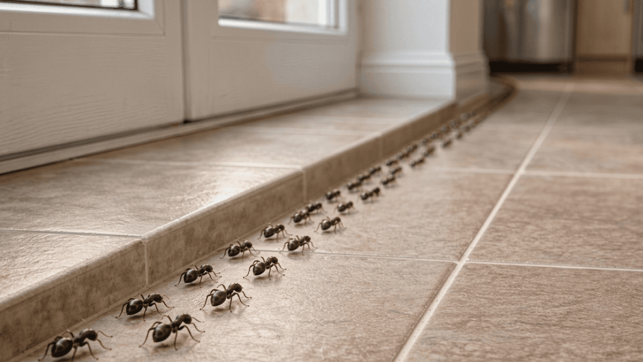 Colonne de fourmis longeant une plinthe sur un carrelage clair