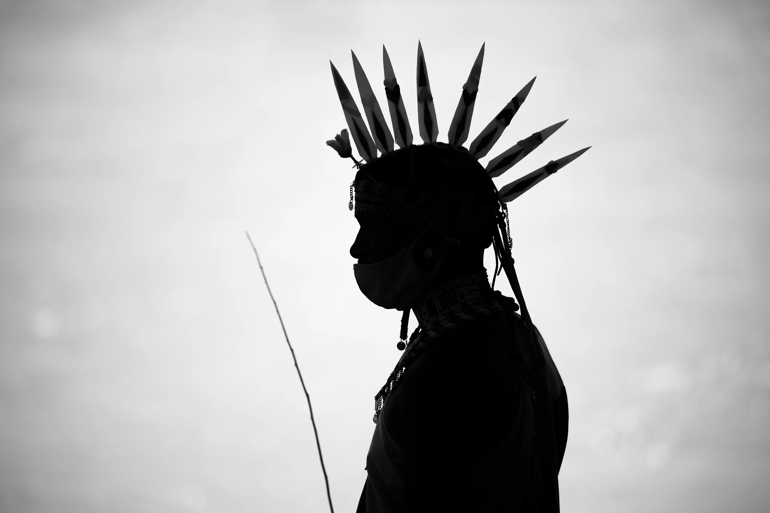 A striking black and white silhouette of a warrior holding a spear against a bright sky.