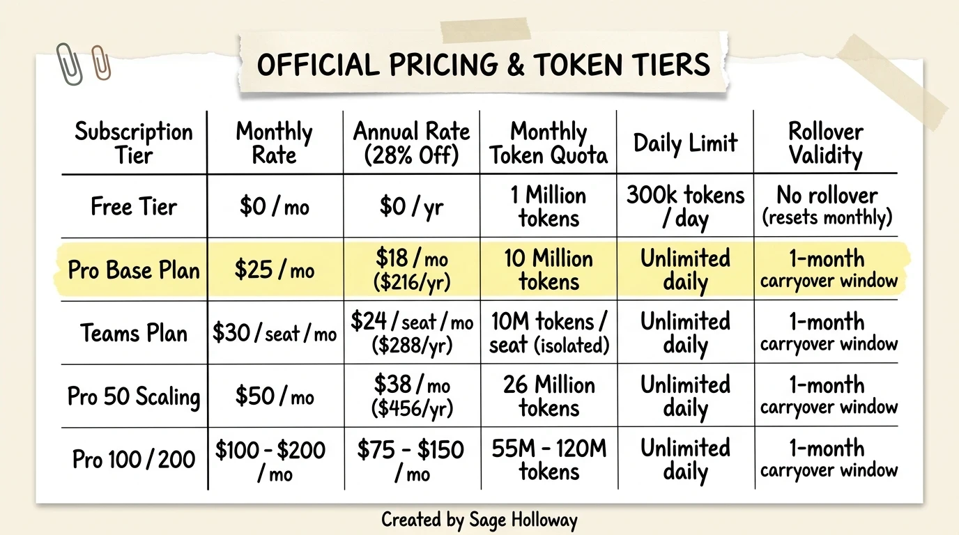Pricing and token limits table comparing Bolt.new Free tier Pro monthly Pro annual Teams and Pro scaling packages