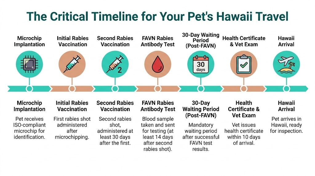 A timeline graphic outlining the necessary steps and requirements for pet travel to Hawaii.