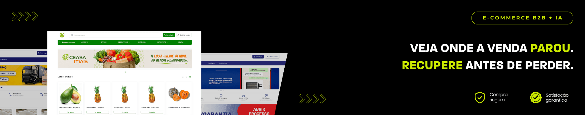 Banner horizontal com fundo escuro, ícones de segurança e satisfação, e imagens de lojas B2B exibidas à esquerda. Elementos gráficos em verde destacam o tema de e-commerce B2B com IA.