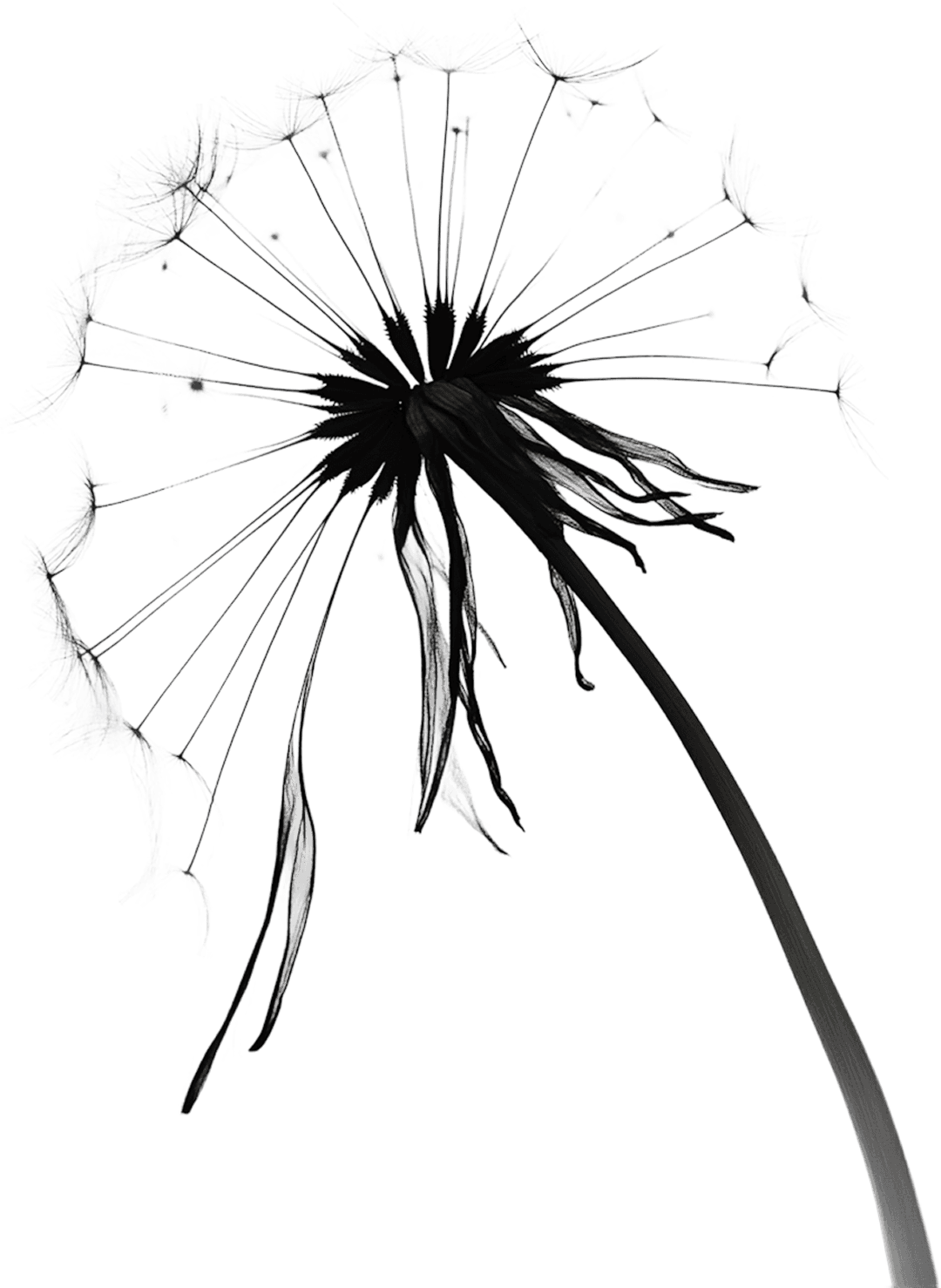 Minimalist black and white fine art print of a single dandelion clock showing individual seeds against a bright white background
