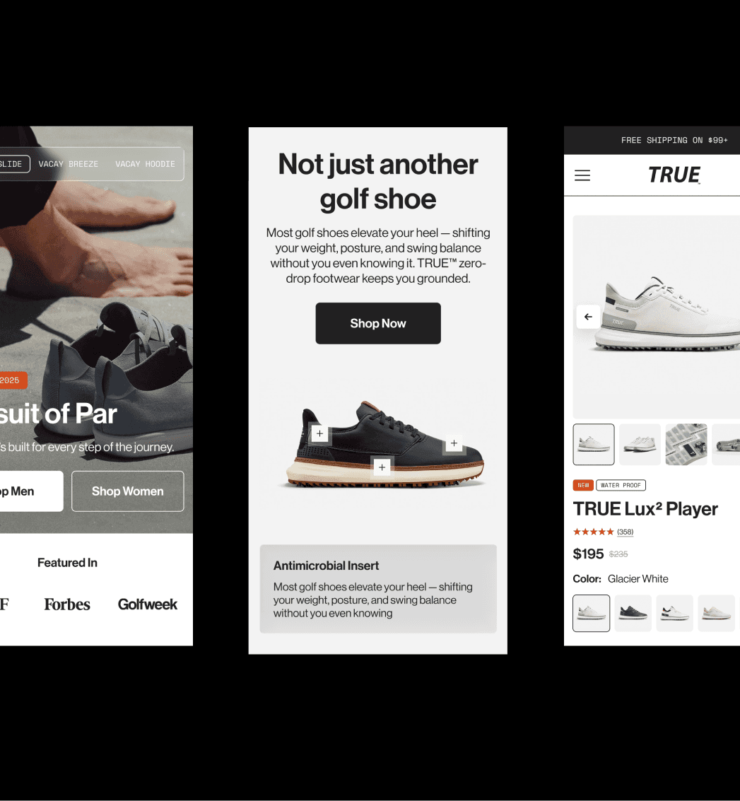 Mobile and desktop product discovery views for True Linkswear highlighting golf shoe styles