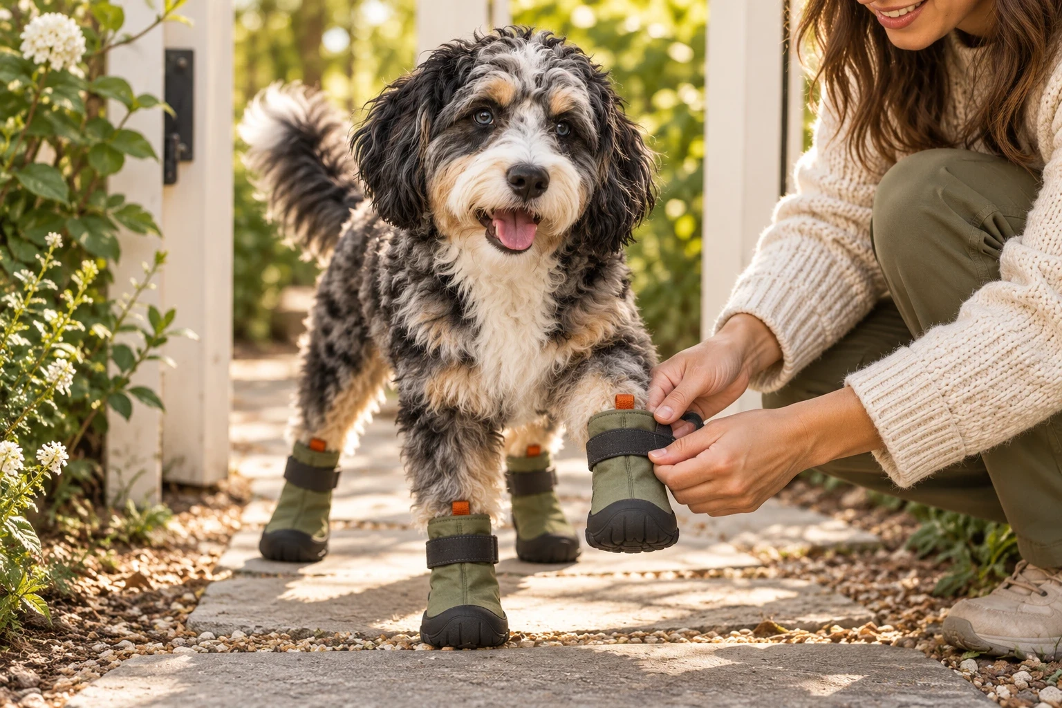 A person securing an olive Everyday Walk Shoe on a happy Mini Bernedoodle before a morning walk.