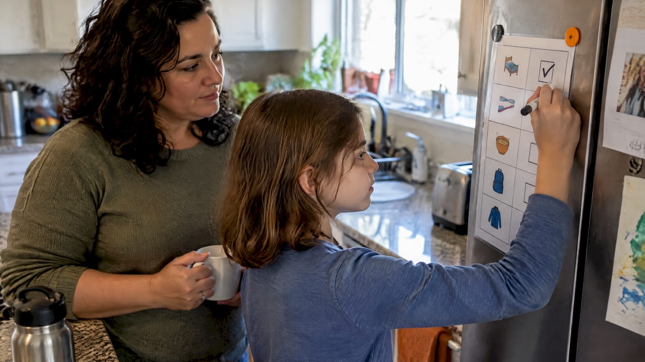 Child checks off a laminated visual schedule