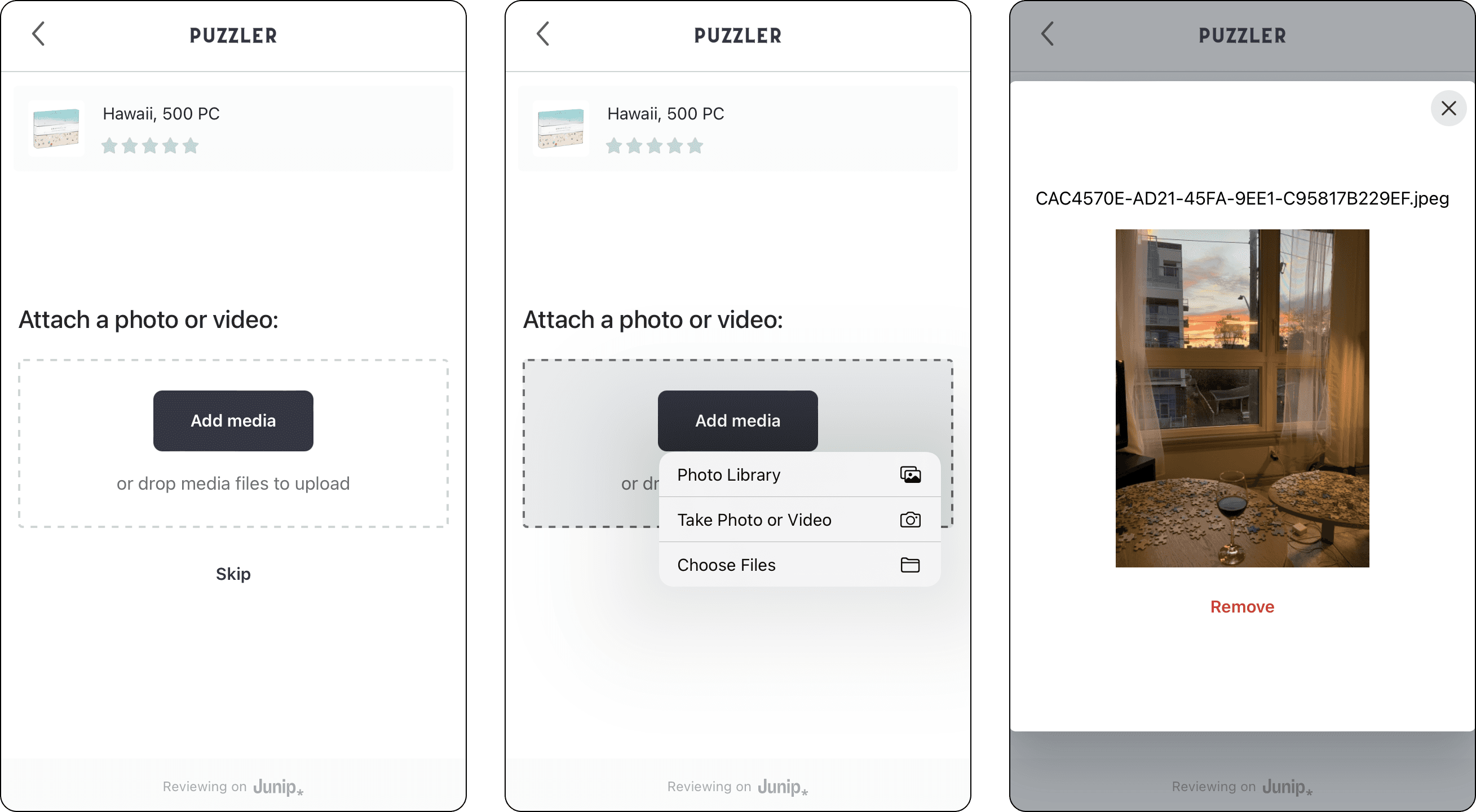 Junip mobile-first review submission flow