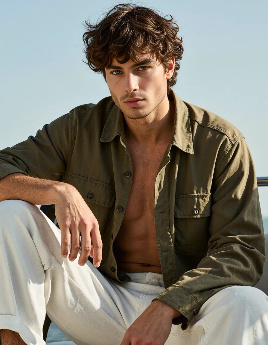 Person in unbuttoned olive utility shirt and white pants against blue sky background, showcasing relaxed summer fashion style