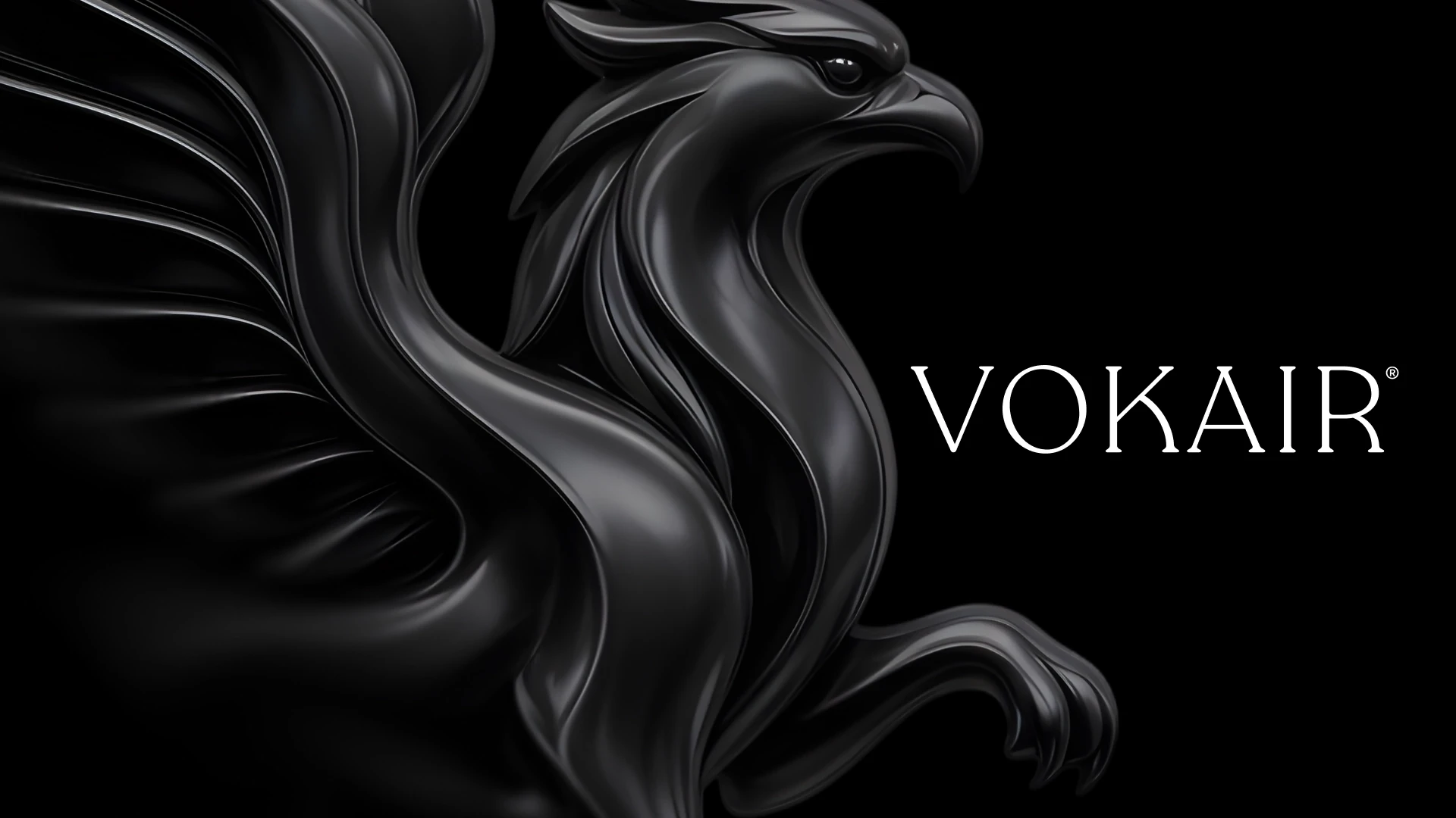 Glossy black eagle emblem with sweeping wings and talons on a dark background, beside the white “VOKAIR” logo; bold, sleek, powerful tone.