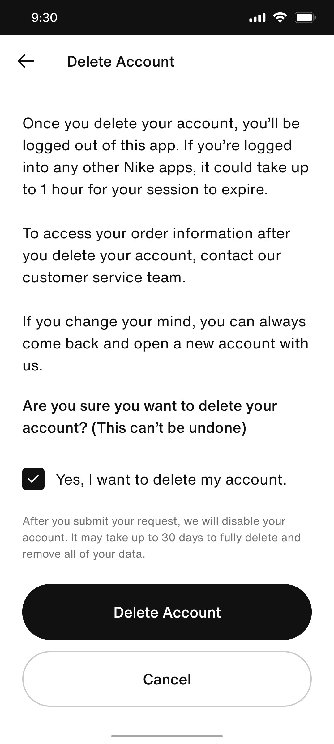 Nike App Delete Account Screen