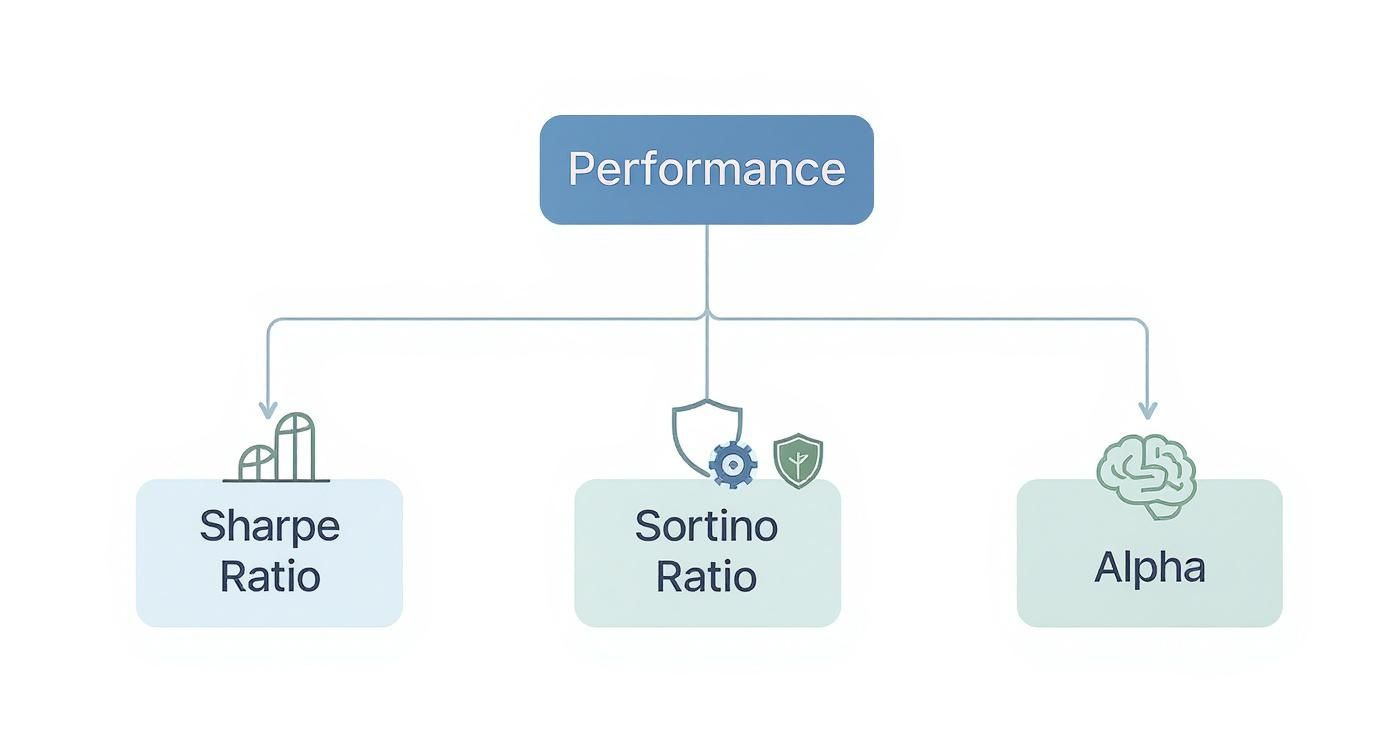 A diagram illustrating investment performance metrics, showing 'Performance' branching into 'Sharpe Ratio', 'Sortino Ratio', and 'Alpha'.