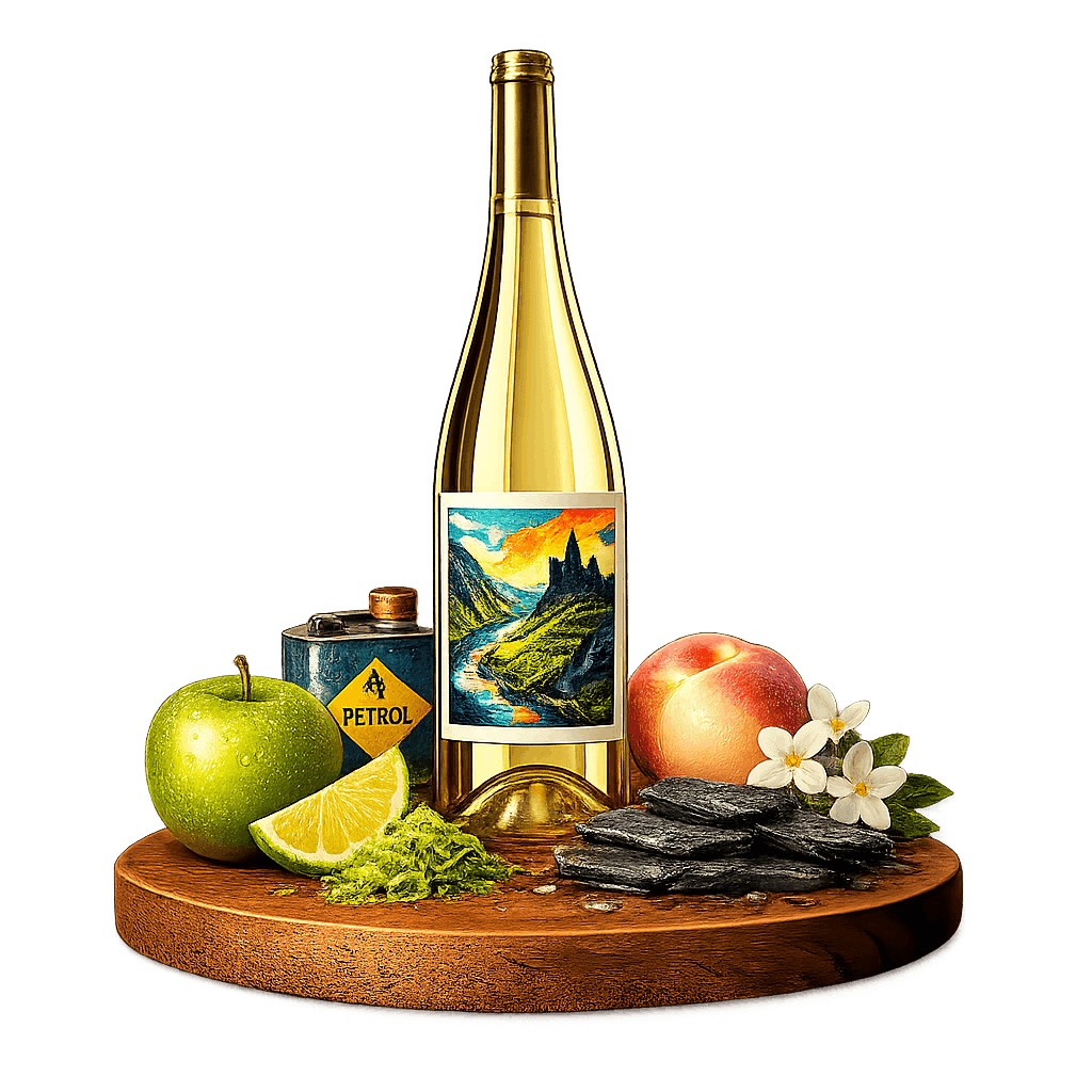Artistic label and flavor profile for Moselle Riesling on a rustic wooden table.
