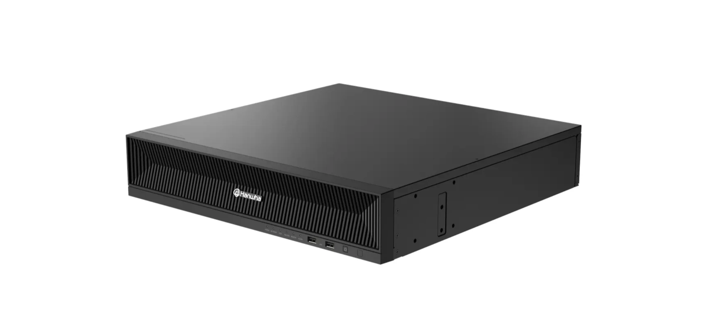 한화비전 모플의 NVR 측면 디자인을 보여주는 제품 이미지로, 스마트 주차장의 모든 영상 데이터를 빈틈없이 기록하는 핵심 서버입니다. 열 배출을 고려한 측면 통풍구와 견고한 마감은 장시간 운용 시에도 시스템의 안정성과 높은 내구성을 제공함을 강조합니다.