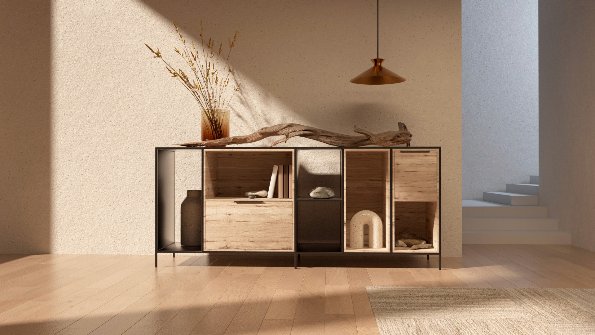 Interior rendered scene of a cabinet with decorative elments on it
