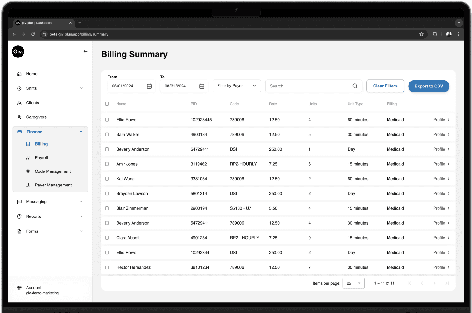 Giv billing software on a screen.