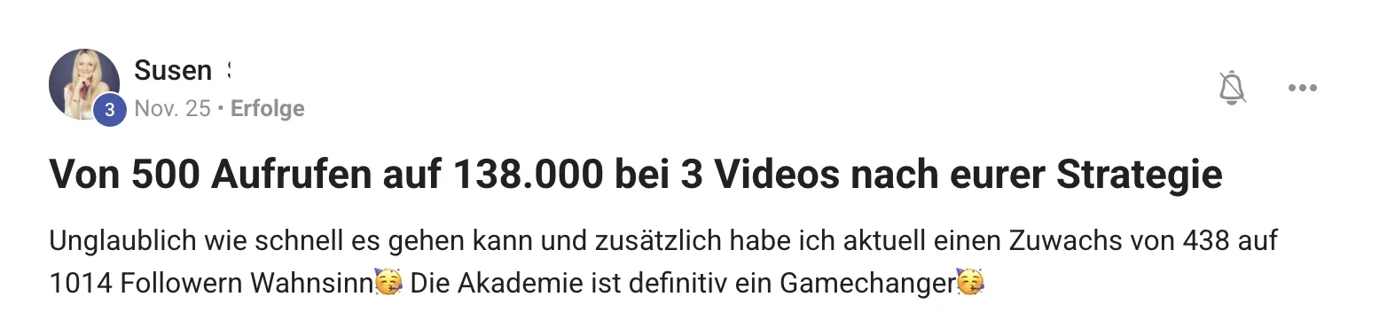 Erfahrungsbericht KI Creator Akademie: Susen steigert ihre Aufrufe von 500 auf 138.000