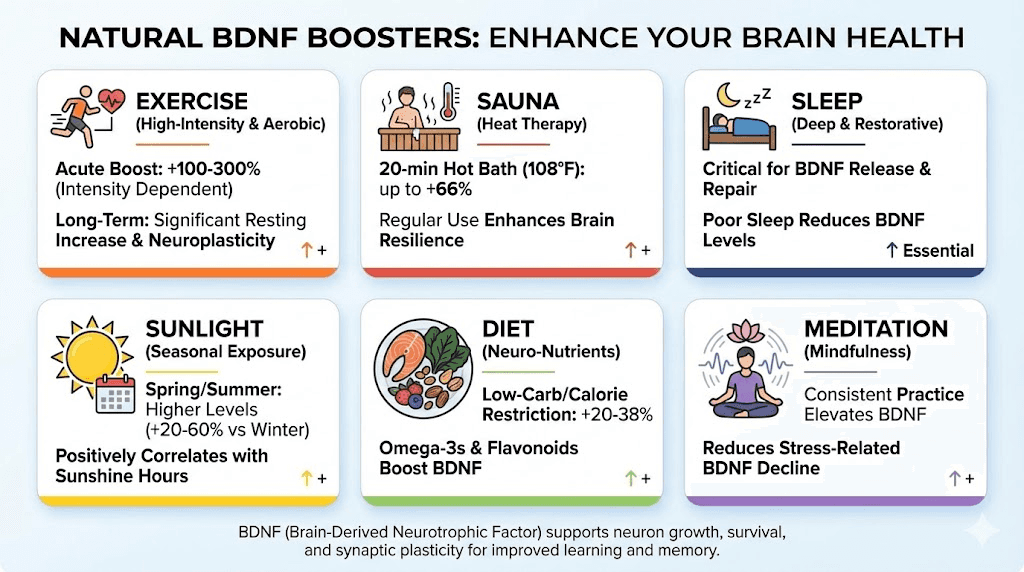 Natural strategies to increase BDNF levels including exercise sauna sleep and diet