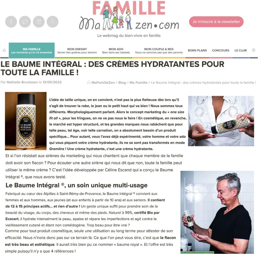 Article Famille Zen présentant Le Baume Intégral de Céline Escand, crème hydratante bio multi-usage pour toute la famille, fabriquée en Provence