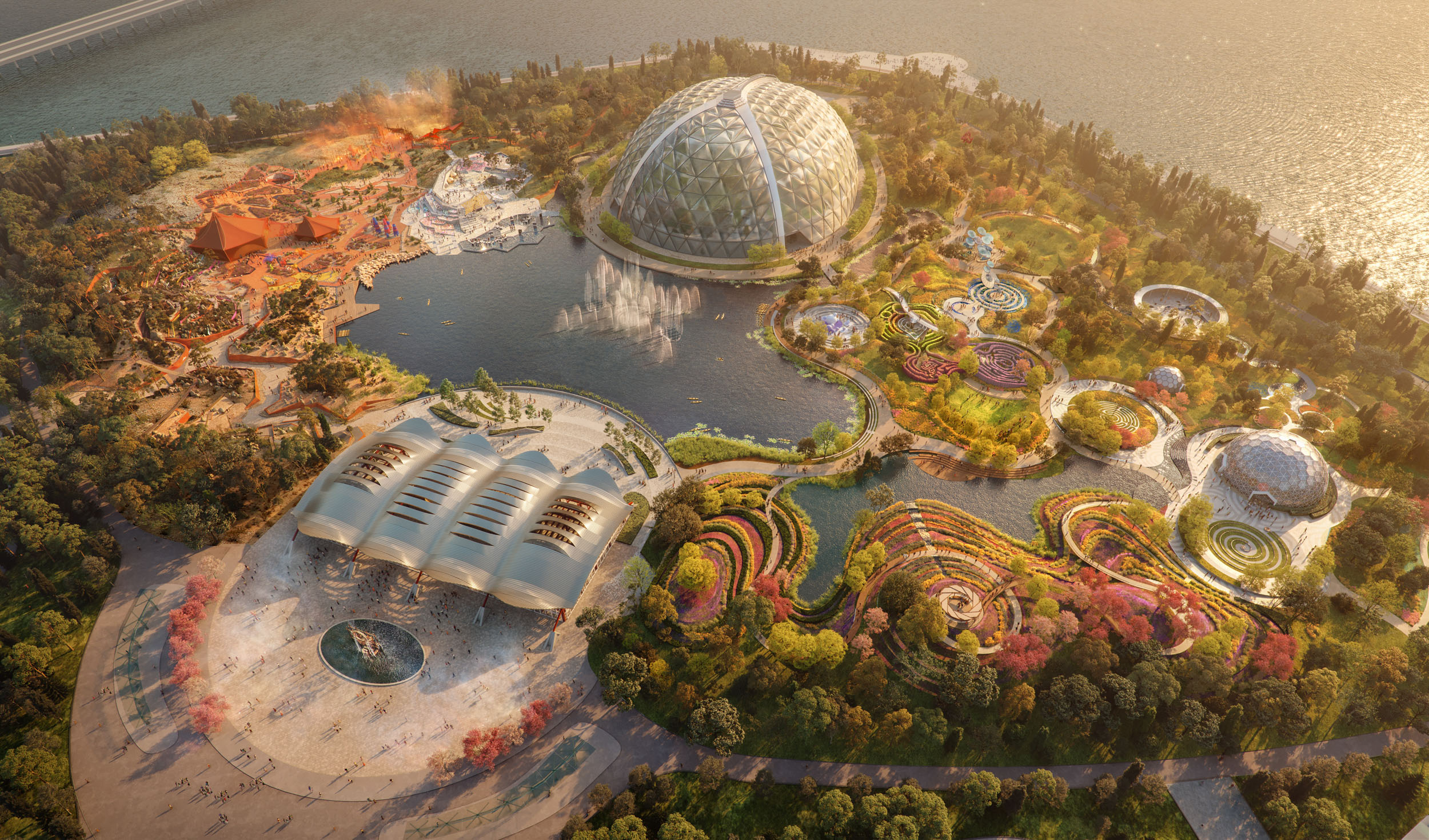 Architectural CGI render of resort landscape.