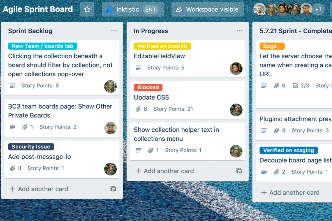 Trello Kanban board view containing cards that show task progress