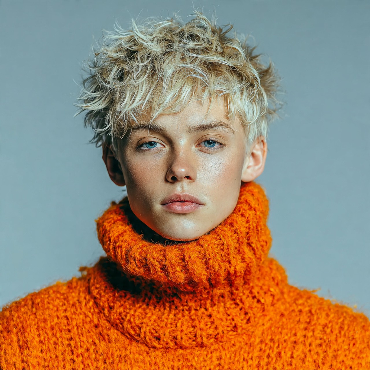 Young person with short, tousled blonde hair wearing an oversized, vibrant orange turtleneck sweater against a soft grey background, conveying a cool, modern look.