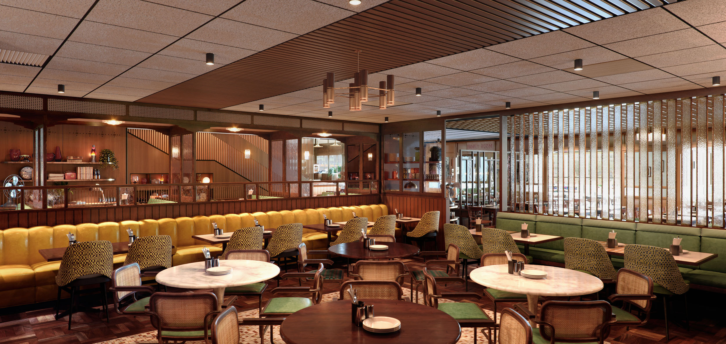 Architectural CGI of restaurant interior. Photorealistic render.