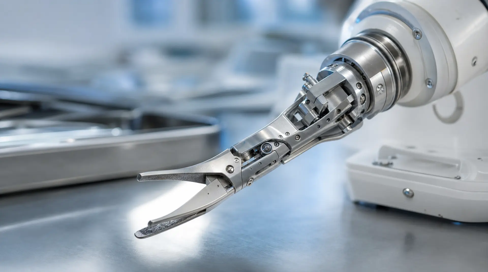 Polished robotic gripper tool mounted on a precision stainless actuator, shot with soft blue bokeh for robotics branding and visual identity tech.