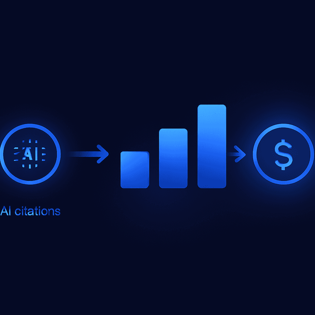 Abstract flow diagram showing progression from AI citations through leads to revenue outcomes