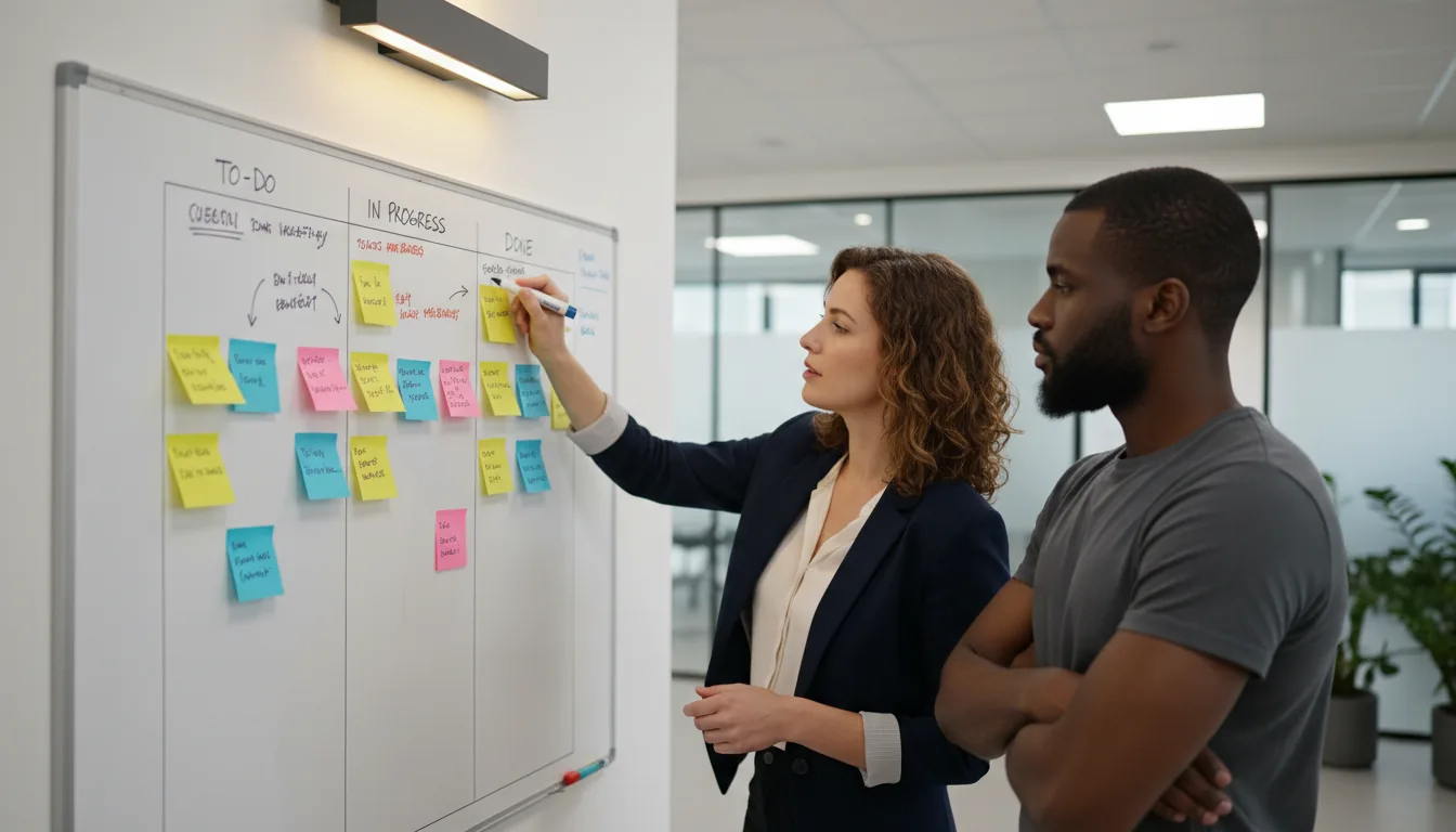 DSLR photograph of a modern office collaboration. A woman with shoulder-length brown hair in a dark jacket writes on a yellow sticky note on a large whiteboard. Beside her, a Black man with a short beard and dark t-shirt watches. The whiteboard is set up as a Kanban board with several sticky notes. The scene has sharp focus, with soft, even lighting complemented by a warm glow from a minimalist, dark grey rectangular sconce on the off-white wall.