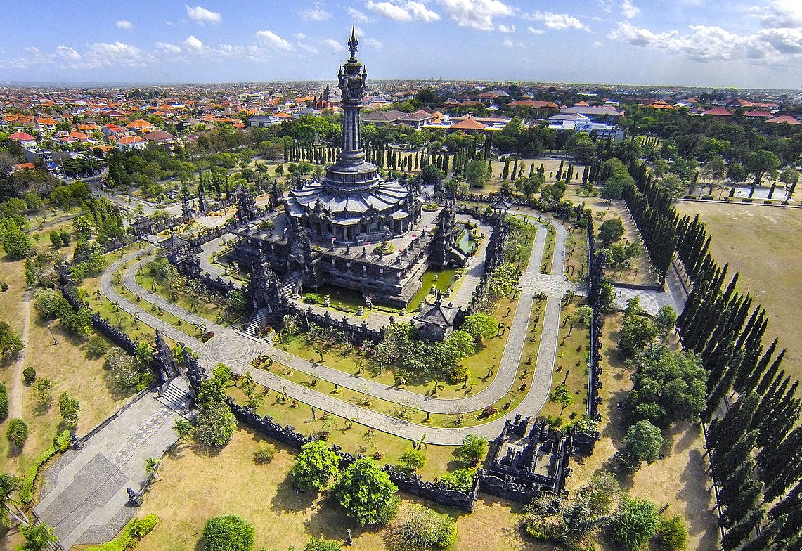 Aerial view of Bajra Sandhi Monument in Denpasar, showcasing prime real estate location and cultural heritage.