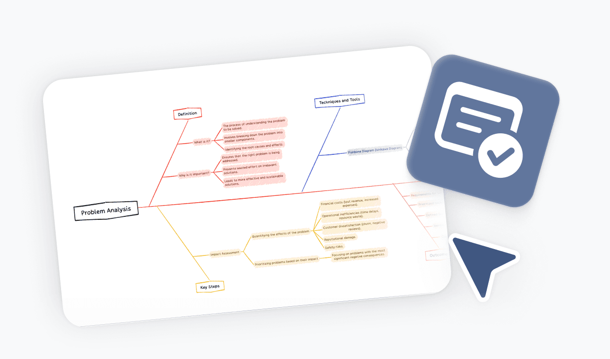 Complex problem analysis structured in a fishbone diagram with color-coded cause branches and export controls