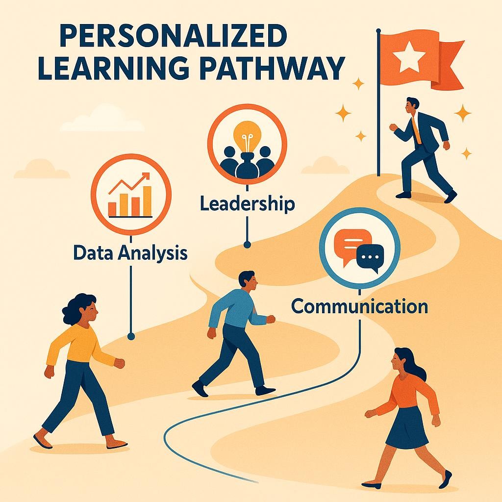 A dynamic and inviting visual of a clear, individualized learning pathway for professional development. It shows a winding path with distinct, labeled milestones representing different competencies (e.g., 