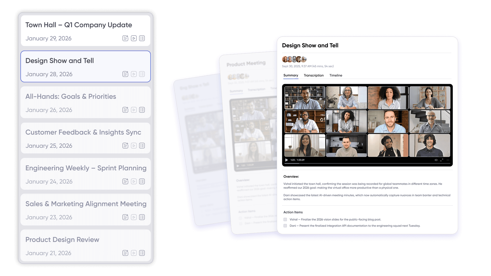 A visual display of the Meeting Library of Sowork, showcasing the meeting list, the video recording and and AI Summary.
