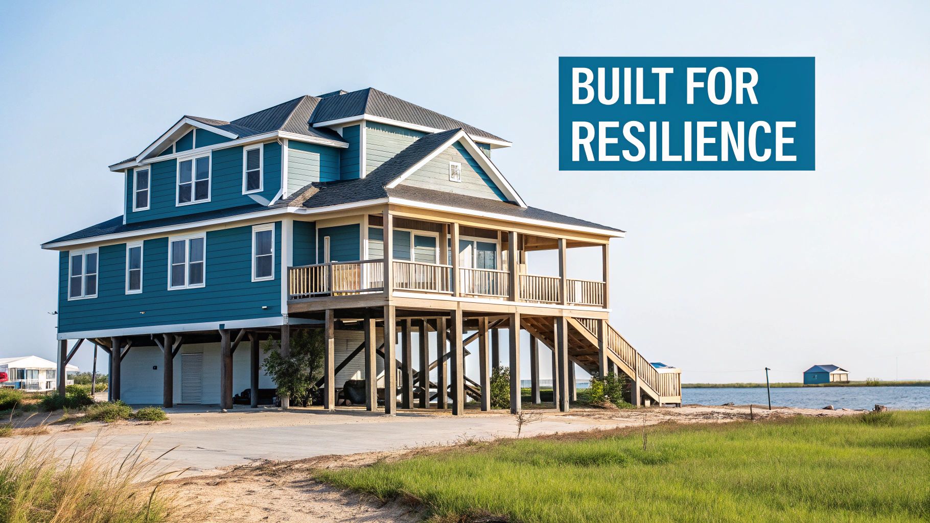 A large, elevated blue house on stilts stands proudly by a body of water, built for resilience.