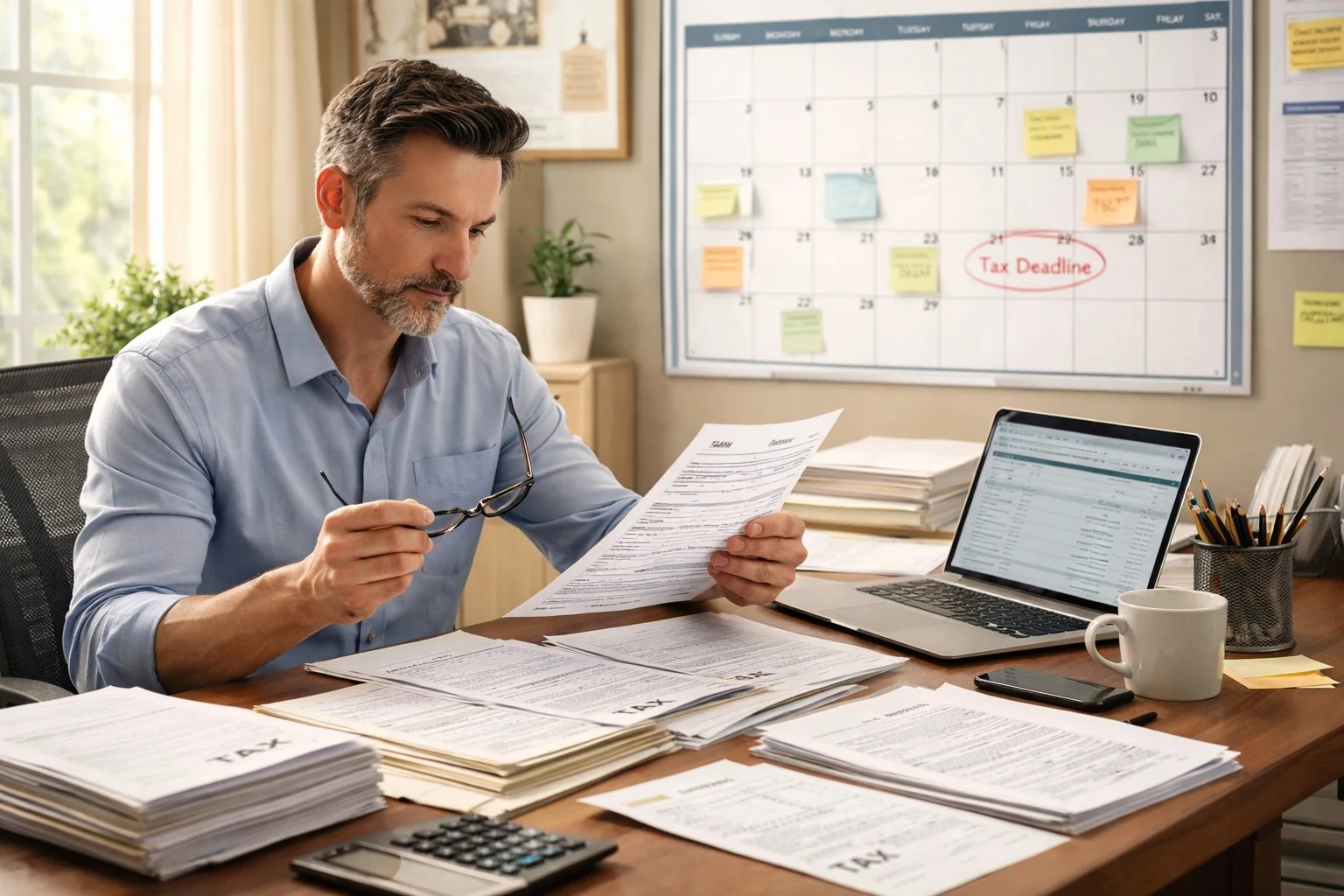 Small business owner reviewing tax documents and calendar for business tax deadlines in Great Neck Estates, NY.
