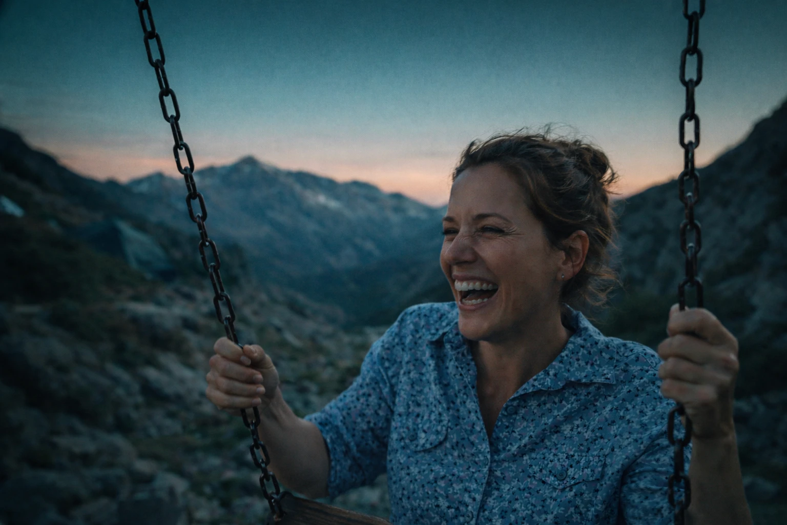 Smiling woman in her 40s laughing on a wooden swing at sunset, with mountain landscape in the background and cool cinematic color grading.