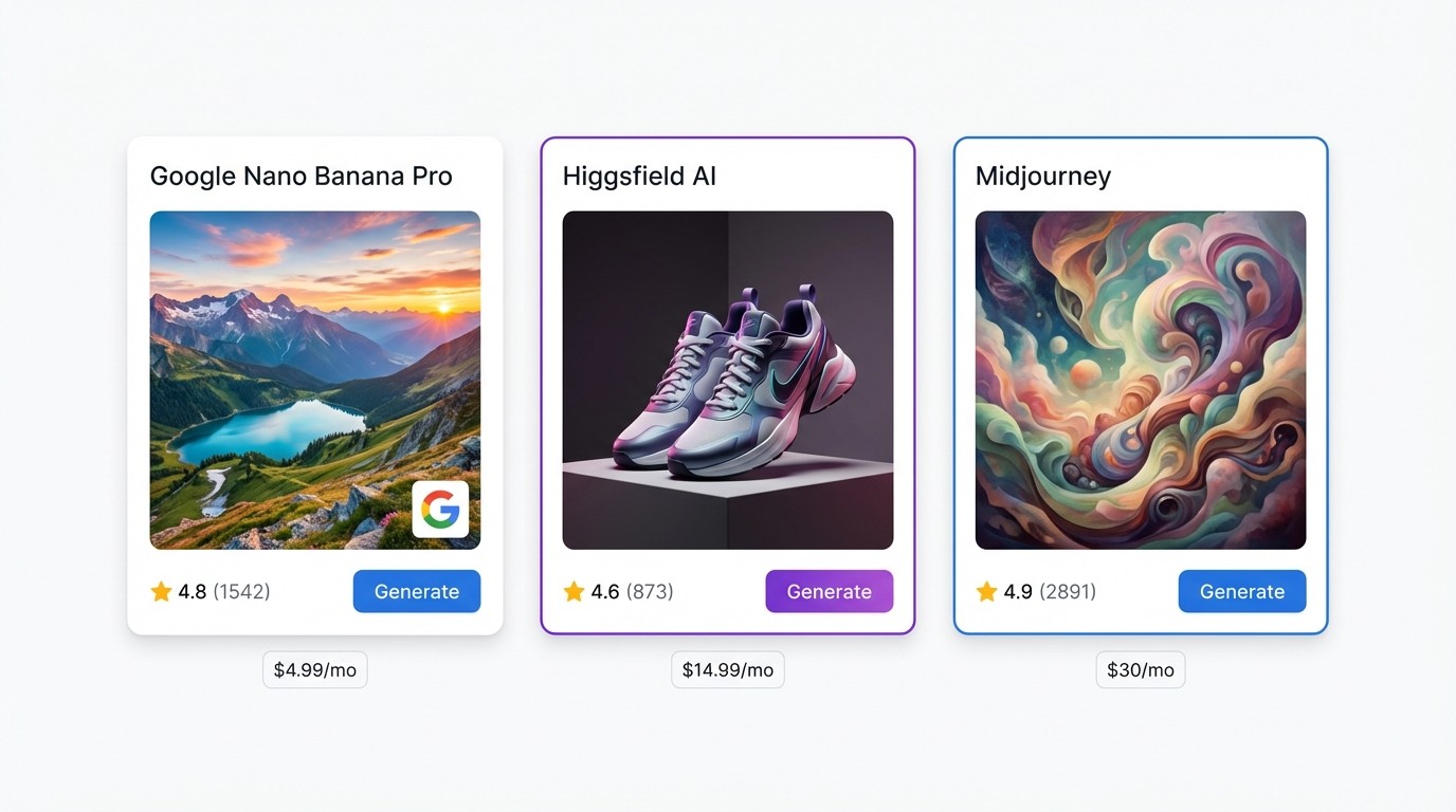 Vergleich der KI Bildgenerierung Tools Google Nano Banana Pro Higgsfield AI und Midjourney
